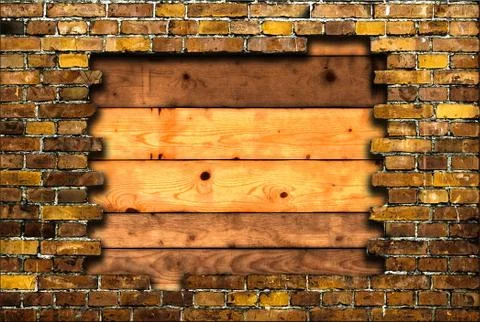 Brick frame with background of planks Stock Photos