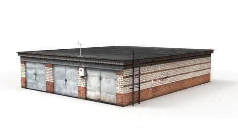 Brick garages render on a white background. 3D rendering Stock Illustration