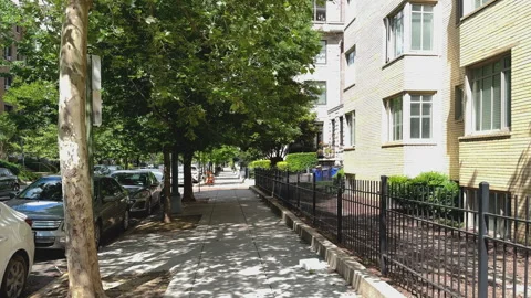 Brick gate and landscaped path in quiet city area Video stock 323567654
