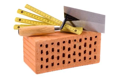 Brick for house construction and tools isolated over white background bric... 스톡 사진