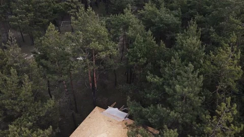 Brick house in the forest located deep in the forest. aerial drone shooting Stock Footage 153353308