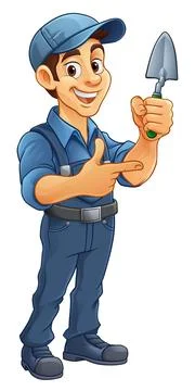 Brick Layer Mason Builder Cartoon Man Pointing Stock Illustration