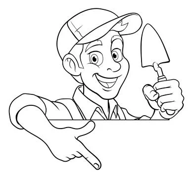 Brick Layer Mason Builder Cartoon Man Pointing Stock Illustration