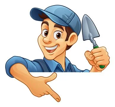 Brick Layer Mason Builder Cartoon Man Pointing Stock Illustration