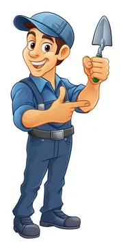 Brick Layer Mason Builder Cartoon Man Pointing Stock Illustration