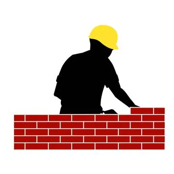 Brick laying , bricklayer wearing hard hat , brick wall Vectors  Illustration Stock Illustration