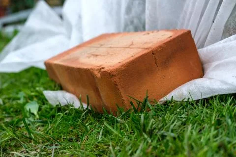 The brick lies on the grass. Stock Photos