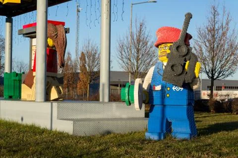 Brick models in front of the Lego Group company production factory building Stock Photos