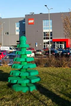 Brick models in front of the Lego Group company production factory building Stock Photos