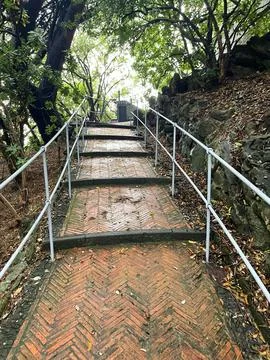 Brick old steps on path up hill amongst trees. Ancient building. Traditional Stock Photos