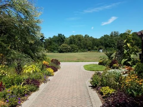 Brick path and flowers and plants and trees Stock Photos