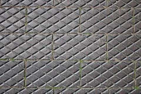 Brick path with black textured bricks with engraved diamond pattern shapes Stock Photos