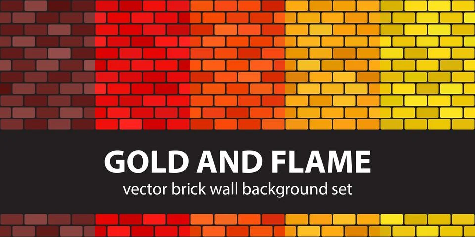 Brick pattern set Gold and Flame. Vector seamless brick wall backgrounds Stock Illustration