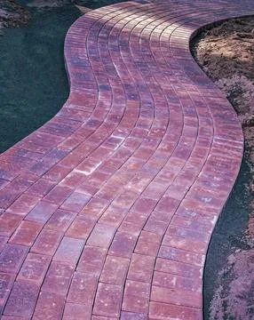 Brick pavers in a curving pattern for a final landscaping appeal. 库存照片