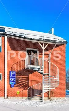 Brick red House with ladder in White Snow winter Finland Stock Photos