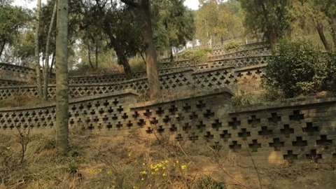 Brick Retaining Walls with Geometric Patterns on Wooded Hillside, Mutianyu Stock Footage 345827757