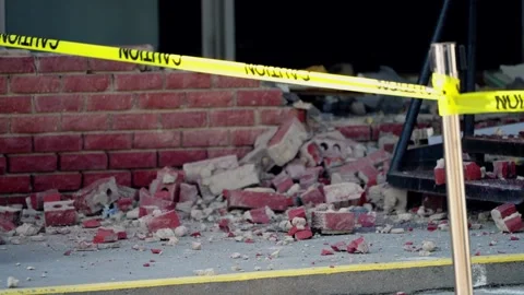 Brick rubble and caution tape on a street in Lebanon Stock-Footage 345530548