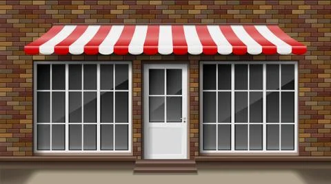Brick small 3d store front facade Template with awning. Exterior empty shop or Stock Illustration