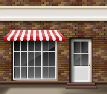 Brick small 3d store or boutique front facade. Exterior boutique shop with big Stock Illustration