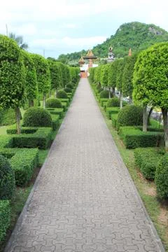 A brick stone pathway in garden. Stock Photos