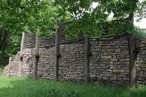 Brick stone wall with grasses Foto stock