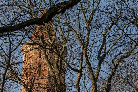 Brick tower behind bare tree branches Stock Photos