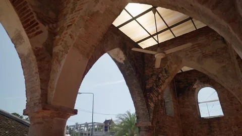 Brick vaults inside historic mosque slow motion Видео 347846361