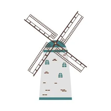 Brick village windmill tower with wind vanes, flat vector illustration isolated. Stock Illustration