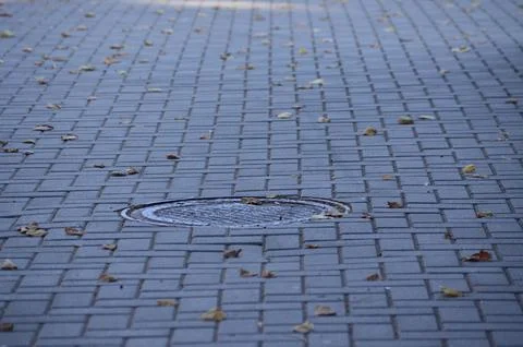 A brick walkway with a drain in the middle. Stock Photos