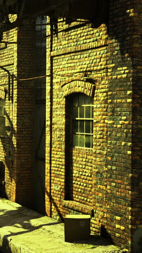 Brick wall and box near entrance in old industrial area during afternoon Stock Footage 335942796
