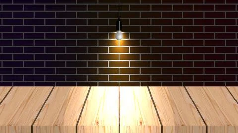 Brick wall and shelf table with a lights, vector illustration. Stock Illustration