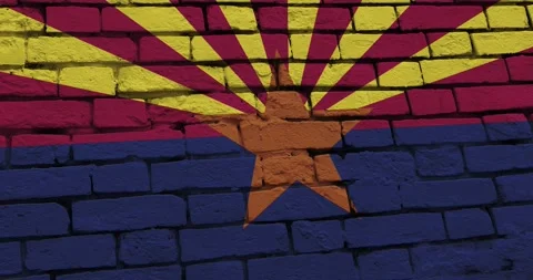 A brick wall with The Arizona state flag of the United States of America Stock Footage 337426941