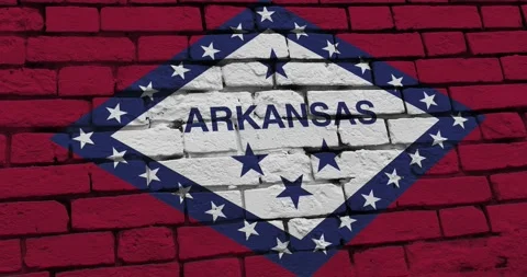 A brick wall with The Arkansas state flag of the United States of America Stock Footage 337426918