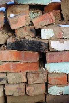 Brick Wall Background Close-up Old Cracked Red Bricks Texture Brickwork Foto stock