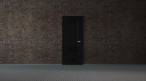 Brick wall, black door and wooden floor, abstract empty interior background.  Ilustración de archivo