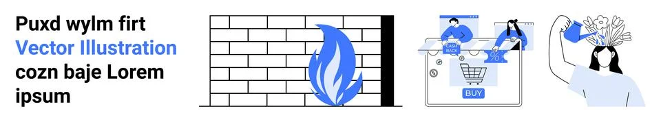 Brick wall with blue fire, two people conducting online shopping, woman brain Stock Illustration