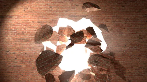 Brick wall break through demolish smash escape to white light Stock Footage