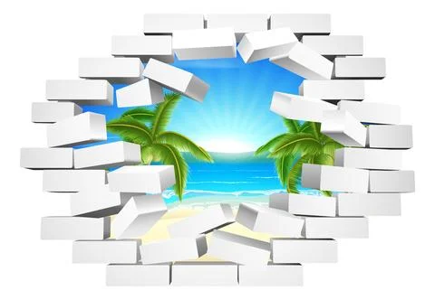 Brick Wall Breaking Beach Behind Freedom Concept Stock Illustration