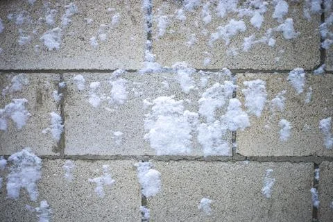 Brick wall covered with snow, background texture Stock Photos