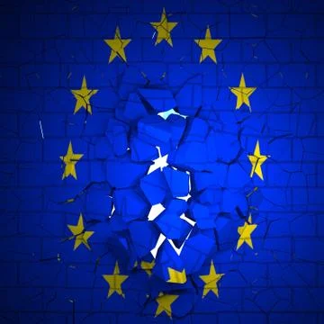 Brick wall with EU flag breaking in ruins Stock Photos
