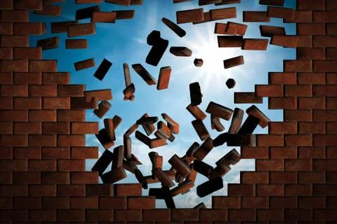 Brick wall falling down making a hole to sunny sky outside Stock Illustration