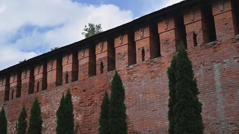 The brick wall features multiple windows and is surrounded by green trees under Vidéo 344527563