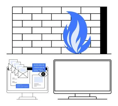 Brick wall with flame, computer monitors, emails, digital eye, and binary cod Stock Illustration