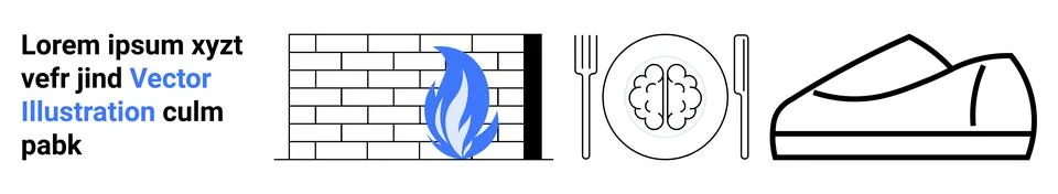 Brick wall with flame, text, brain on plate with fork and knife, and athletic Stockillustratie