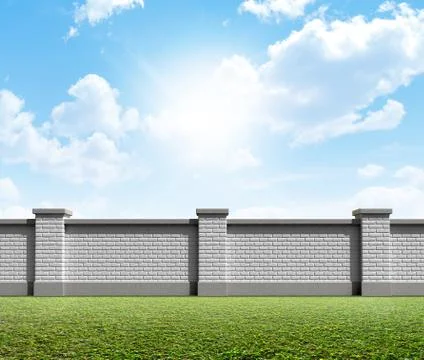 Brick Wall Grass And Blue Sky Ilustración de archivo