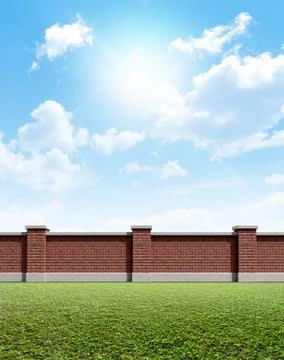 Brick Wall Grass And Blue Sky Ilustración de archivo