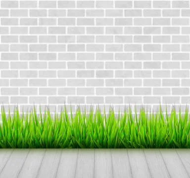 Brick wall with green grass and wooden floor vector background Stock Illustration