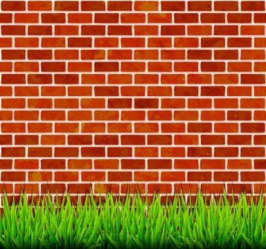 Brick wall with green grass background Illustrazione stock