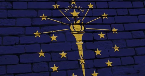 A brick wall with the indiana state flag of the United States of America Video stock 337429021