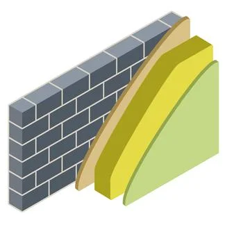 Brick wall in isometry with layers of plaster and insulation. Material for ho イラスト素材